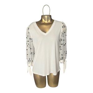 CeCe White Blouse w/ Black Embroidered Flowers, Sheer Sleeves, Size Small